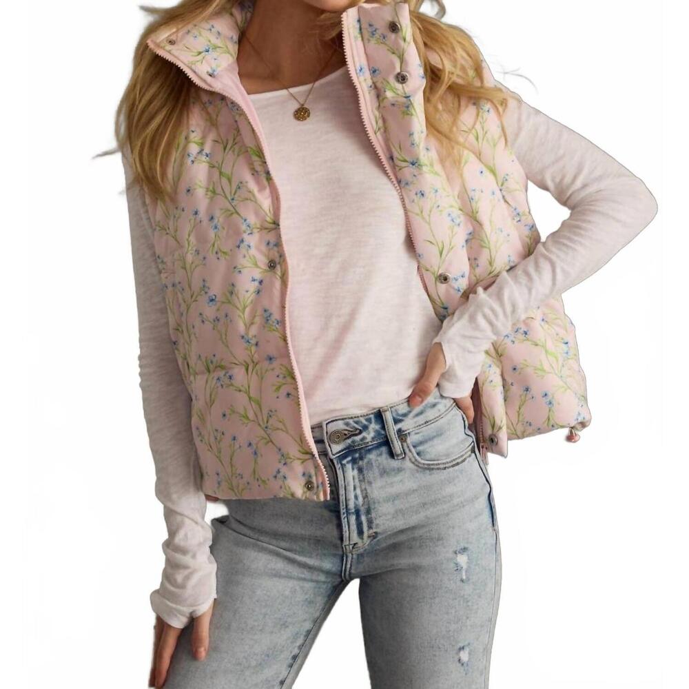 NEW PANACHE APPAREL floral puffer vest with zipper & snap closure in light pink